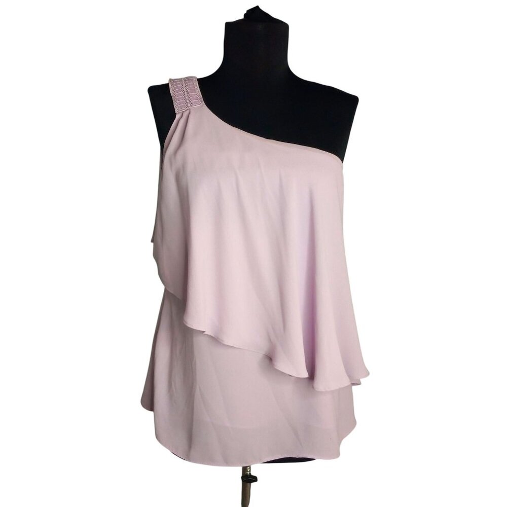 WHBM Size 4 Blouse One Shoulder Layered Chiffon Embellished Asymmetrical Tiered